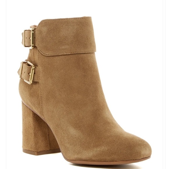 Franco Sarto Kline suede leather double buckle block heel booties ankle Sz 8 - Picture 1 of 14